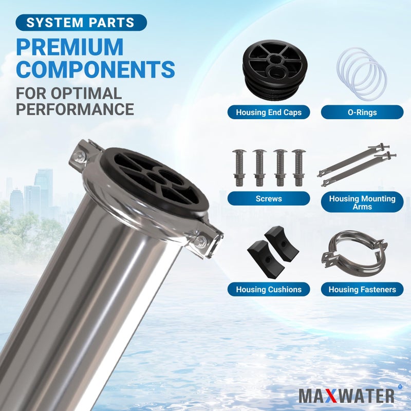 Max Water 2.5 x 21 RO Membrane Housing, Heavy Duty 304 Stainless Steel Pressure Vessel, 2521 Commercial Reverse Osmosis, 250 PSI, 3/8" NPTF Ports, With Complete Installation Set - Image 3